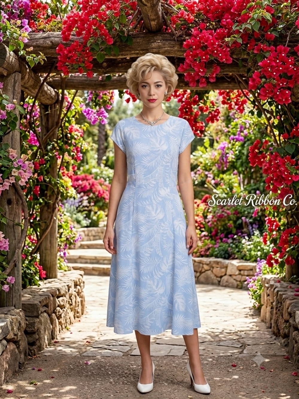 ​✨ Böhme Elegant Blue & White Leaf Print Midi Dress